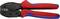 Crimping pliers with red and blue handles, used for crimping cables or connectors; metal tool.