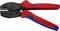 A crimping pliers with red and blue handles, suitable for cable connections.