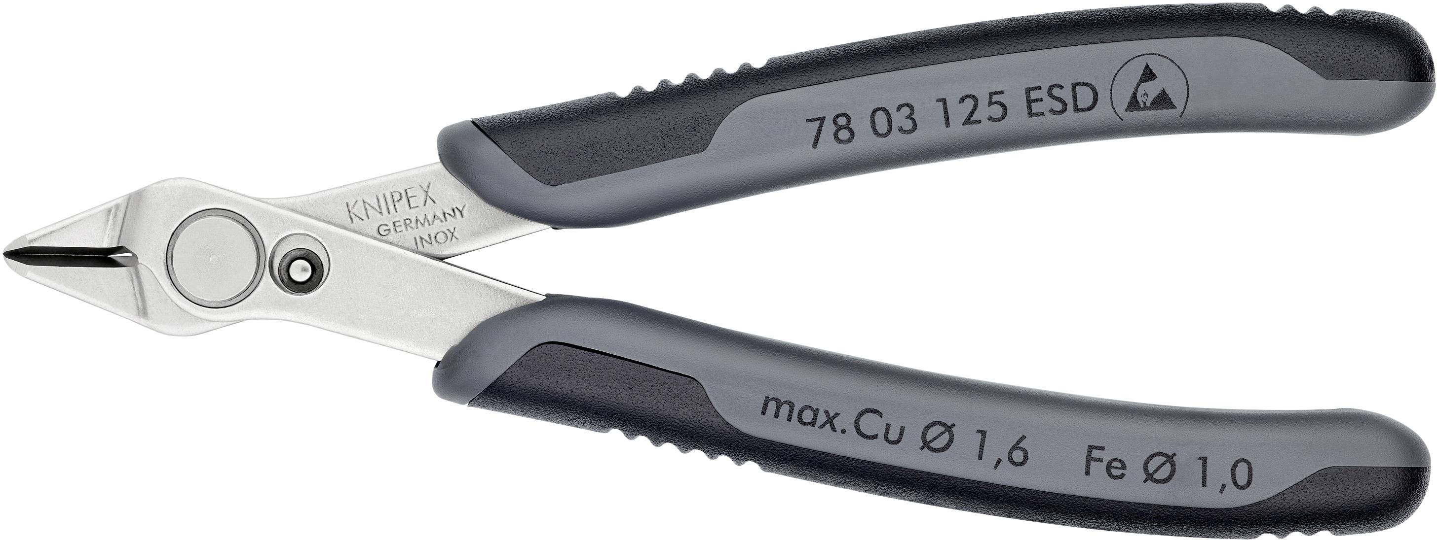 A Knipex side cutting pliers with an ergonomic handle, model number '78 03 125 ESD', suitable for copper and iron wires.