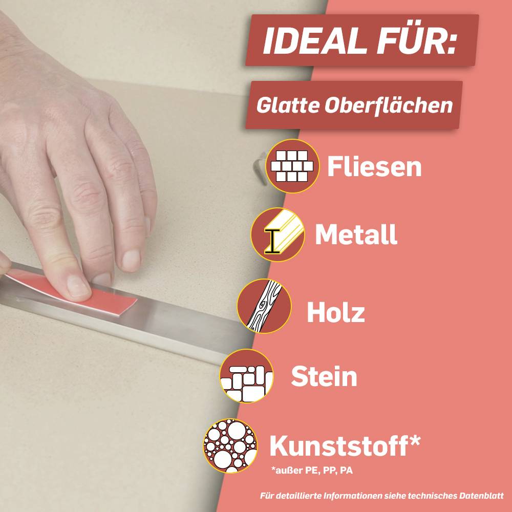 'Ideal for smooth surfaces: tiles, metal, wood, stone, plastic.' Image shows a hand applying adhesive tape.