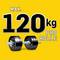 'Max. 120 kg per roll' is written in large letters on a yellow background. Next to the text is an illustration of a dumbbell.