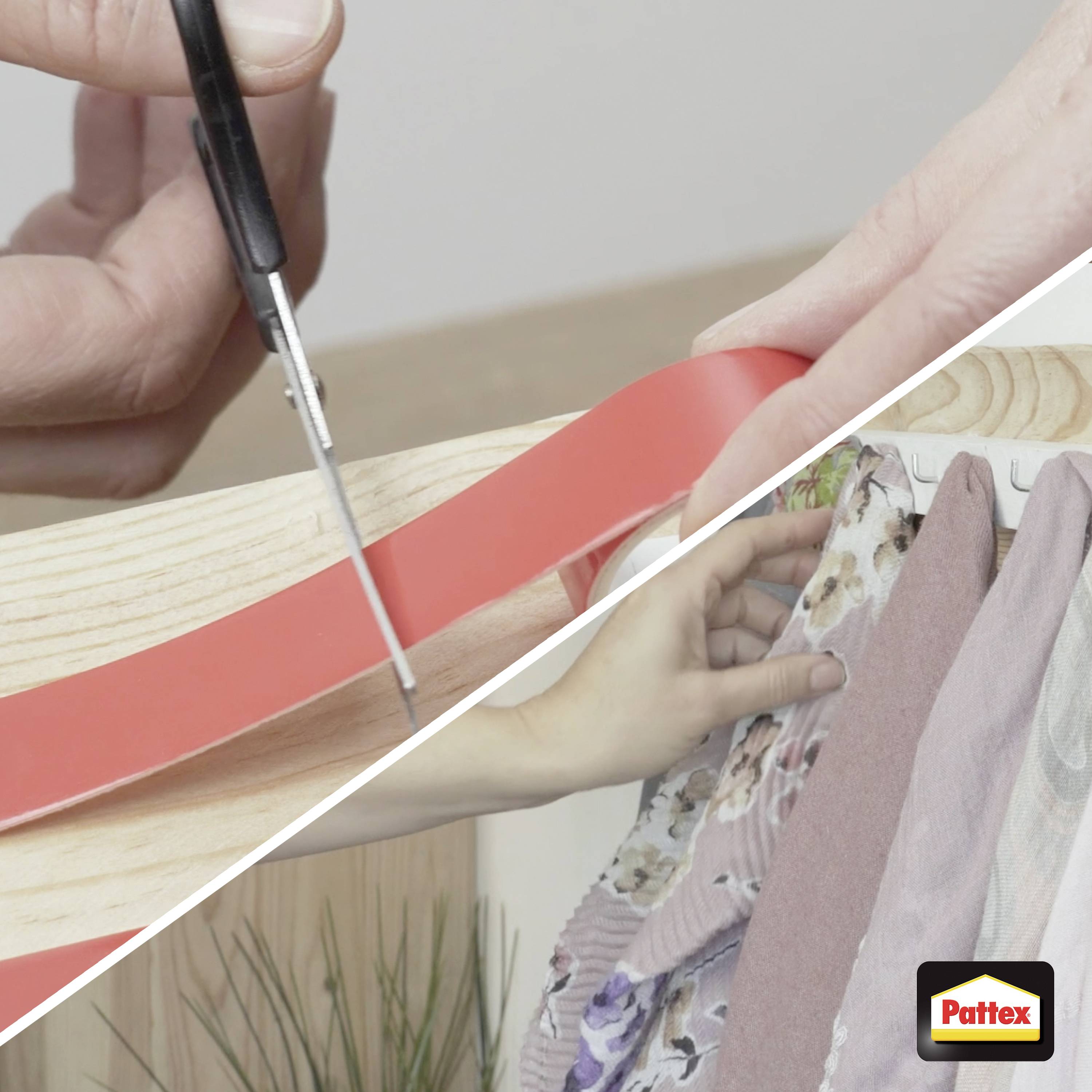 A hand cuts red tape with scissors at the top, while another hand arranges neatly folded clothes at the bottom, displaying organization.