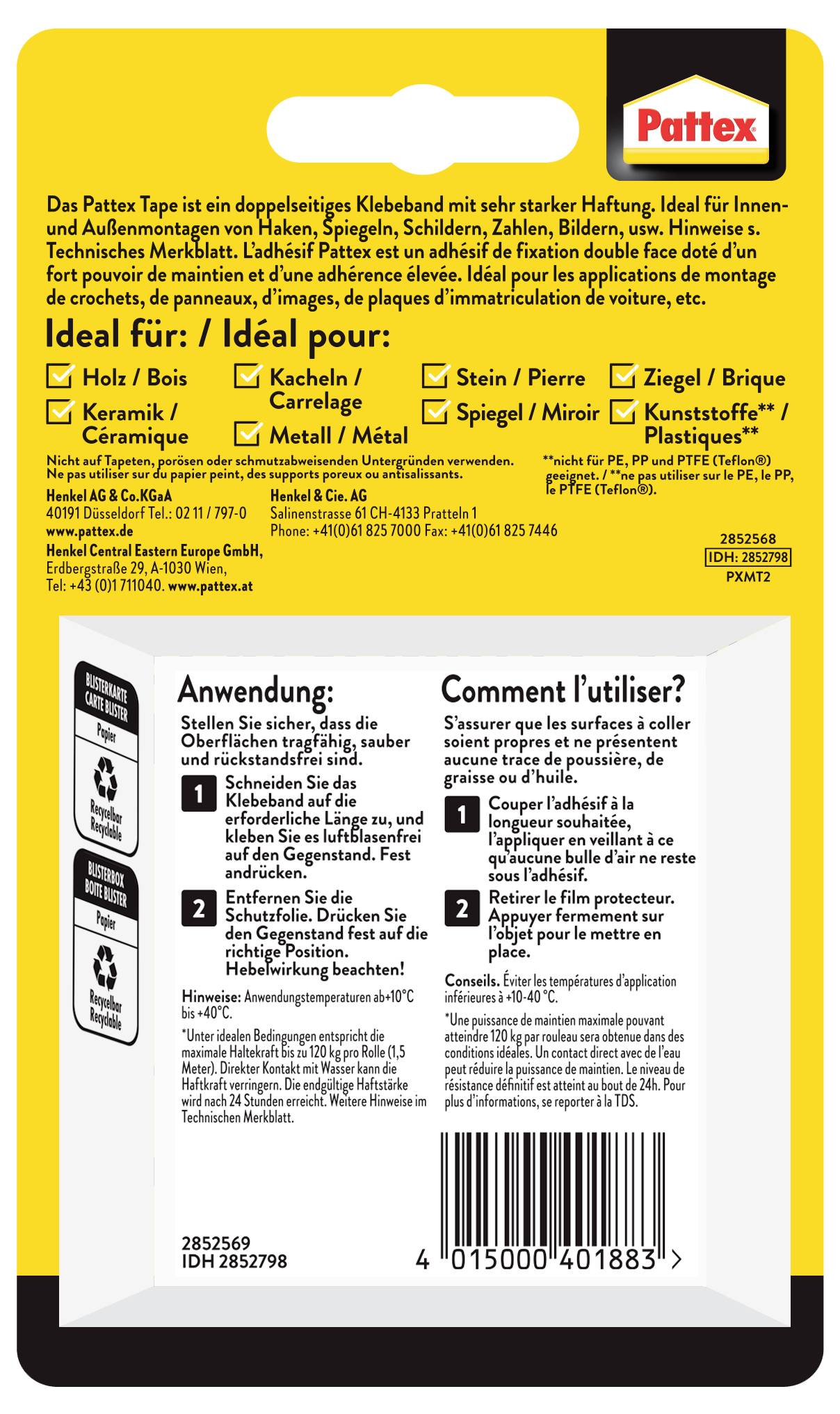 Back of a 'Pattex' tape package in English, German, and French, listing ideal uses for various materials like wood, ceramic, stone, and metal. Usage instructions included.