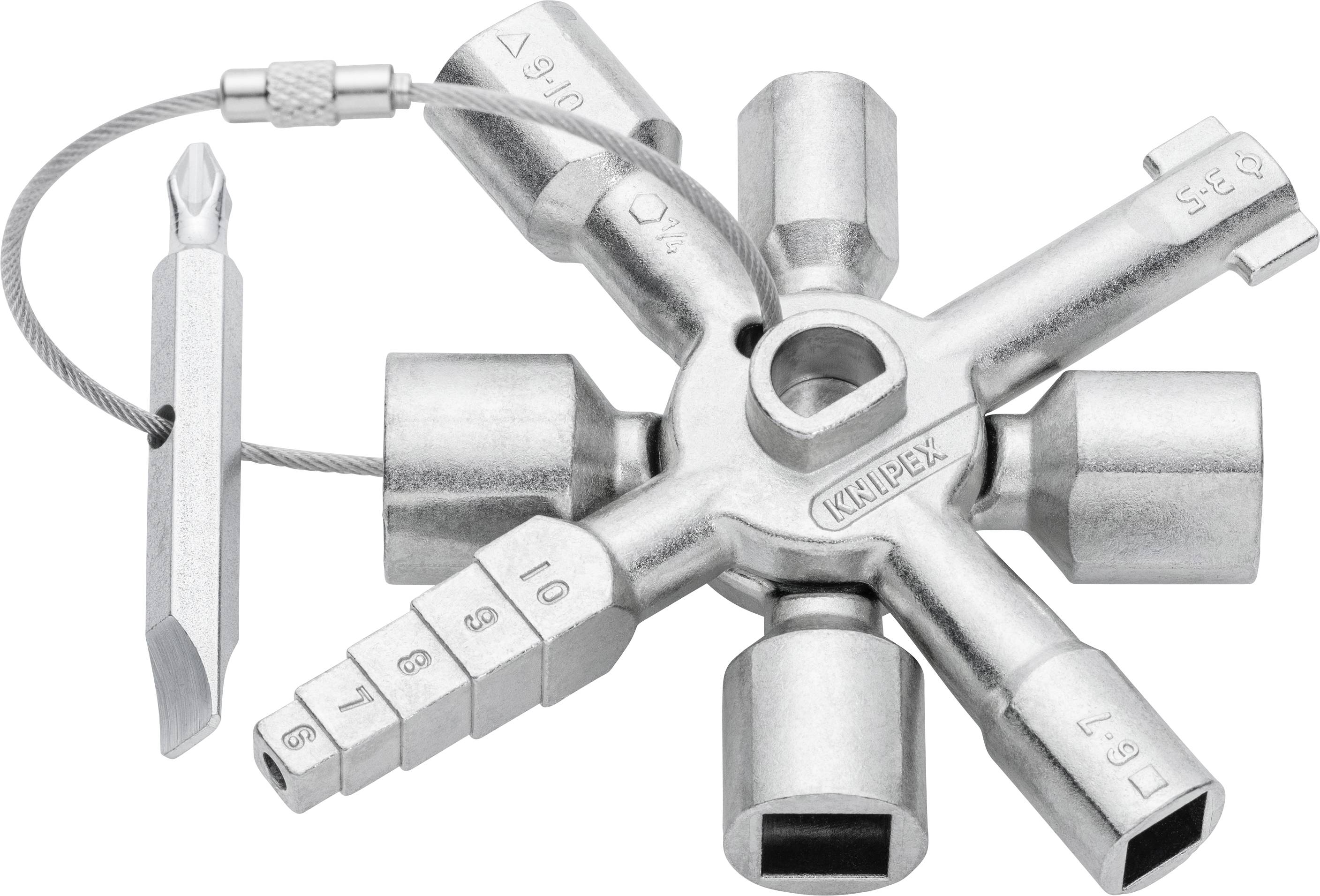 A multi-functional utility key with various socket heads and a detachable screwdriver bit, used for opening standard service panels.