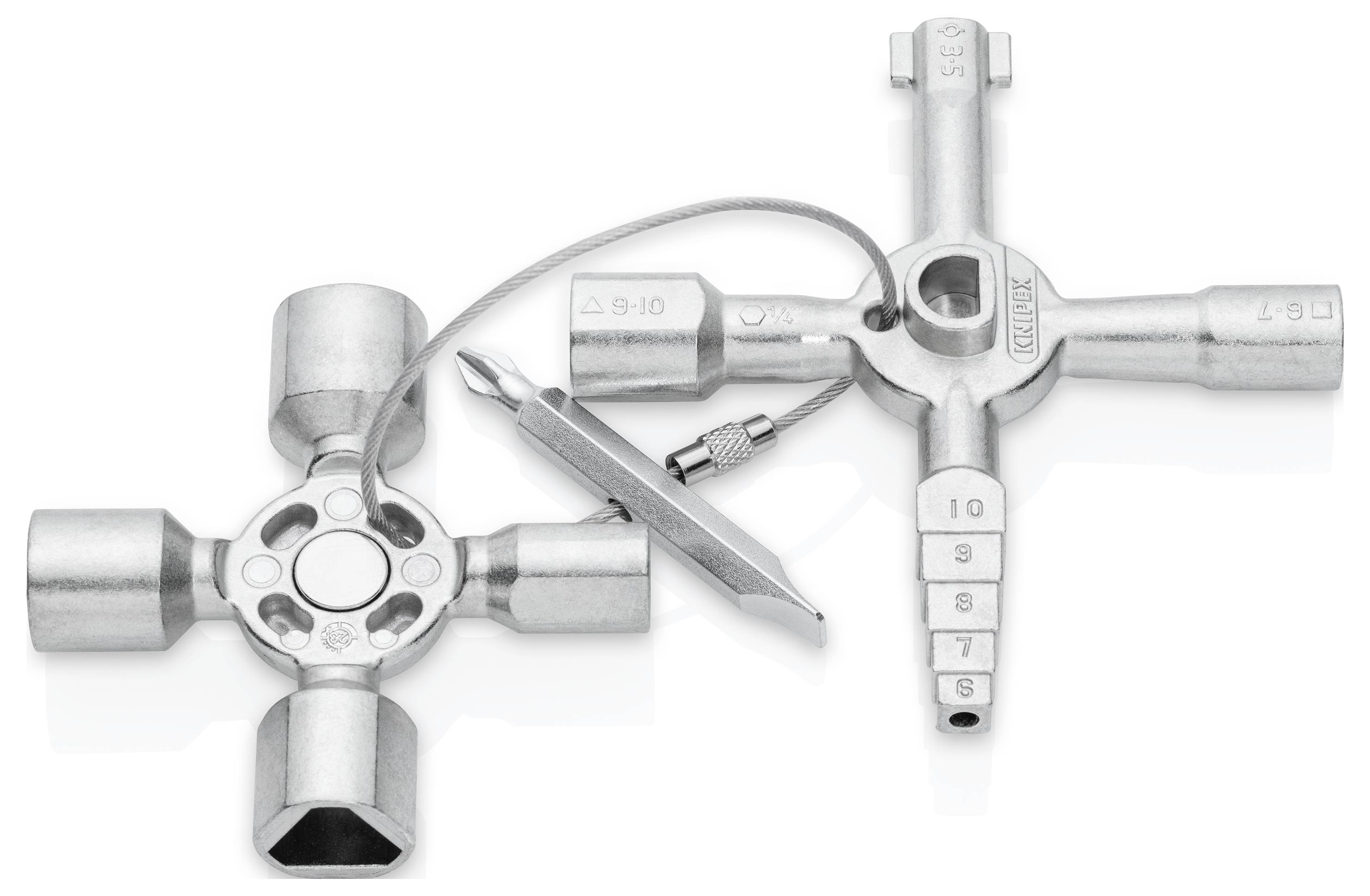 A metal multi-tool set with cross-shaped designs and various socket sizes and shapes, including a key with a textured grip.