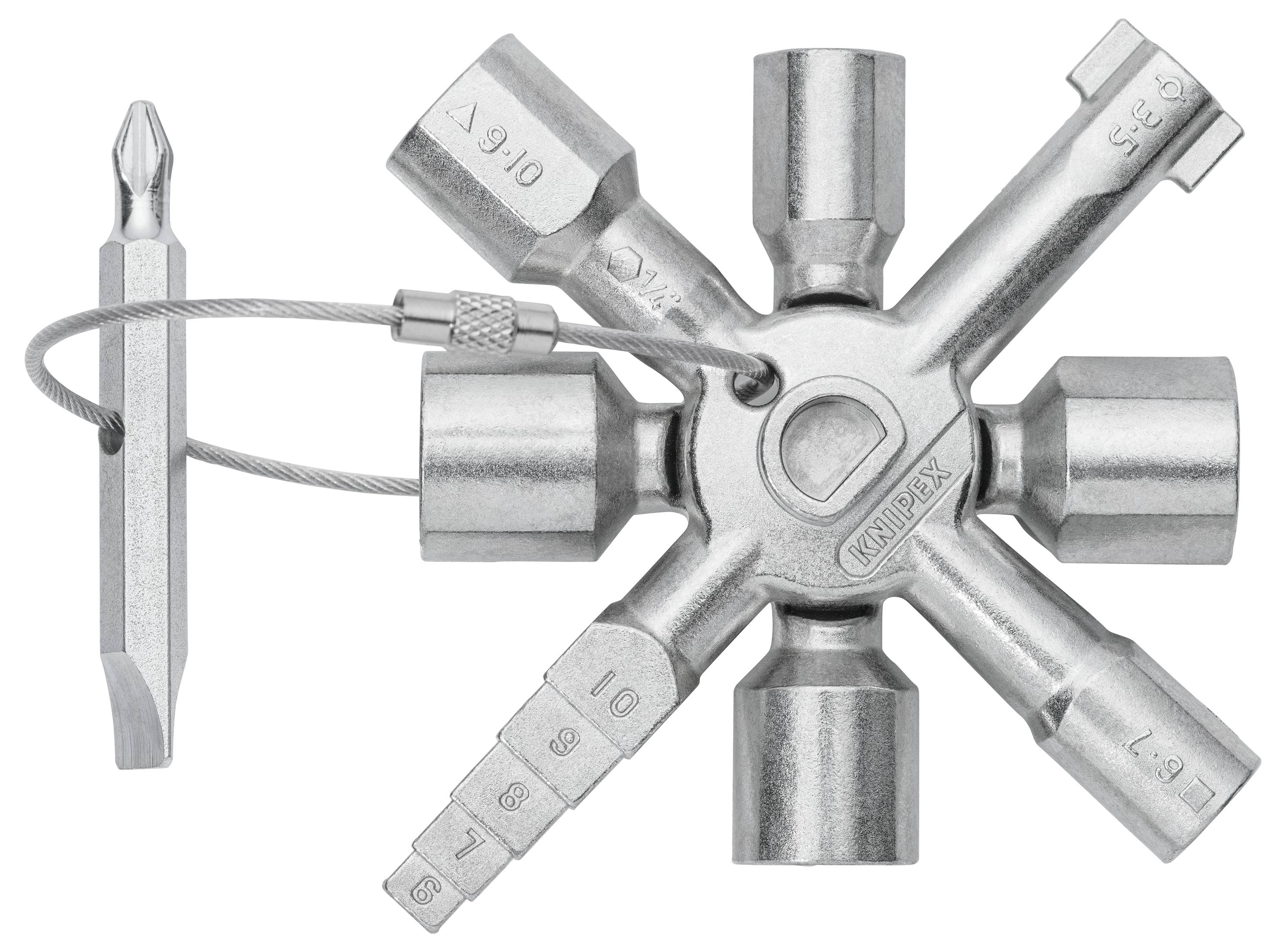 Silver universal control cabinet key with multiple shapes and sizes for turning bolts and screws, includes detachable screwdriver bit.