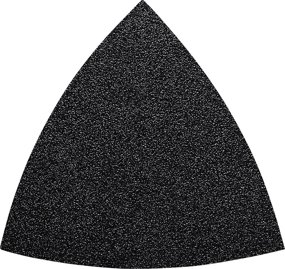 A black, triangular piece of fine-grit sandpaper, used for smoothing surfaces in woodworking or metalworking.