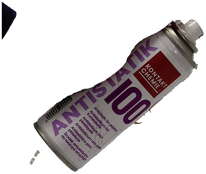 Spray can of an anti-static cleaner called 'KONTAKT CHEME ANTISTATIK 100', held in a hand.