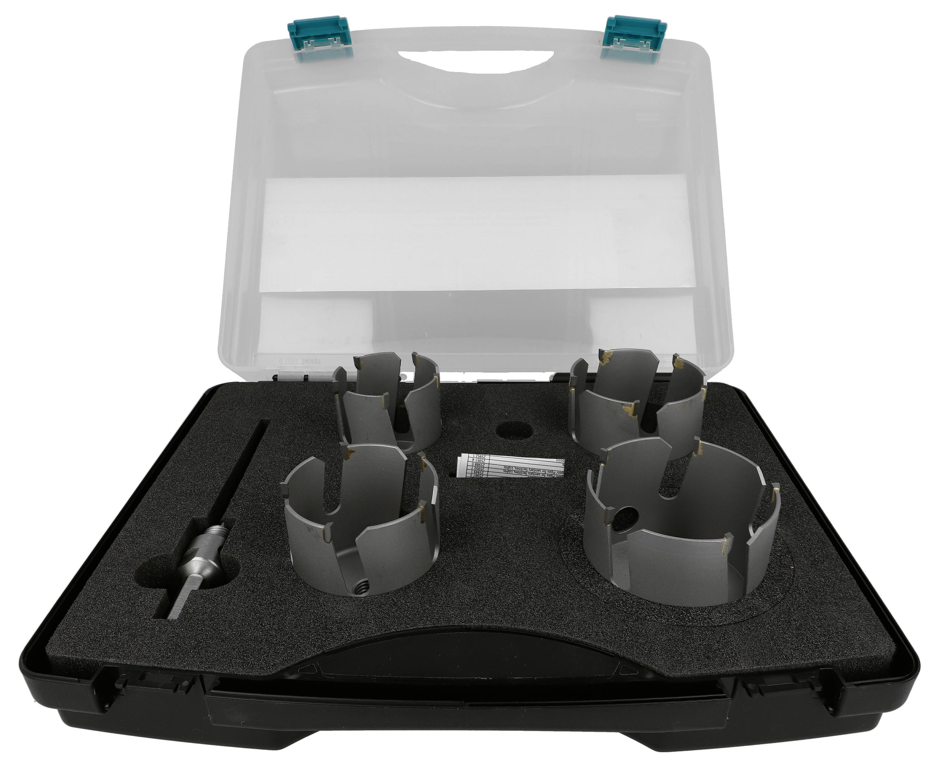 Open carrying case with foam insert holding four circular saw hole saw cutters and a pilot drill bit, with clear plastic lid open.<br>