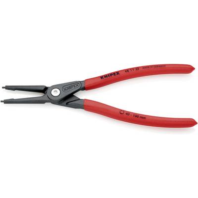 A red Knipex circlip pliers with black tips, suitable for external retaining rings with 40-100 mm diameter, 'Made in Germany'.