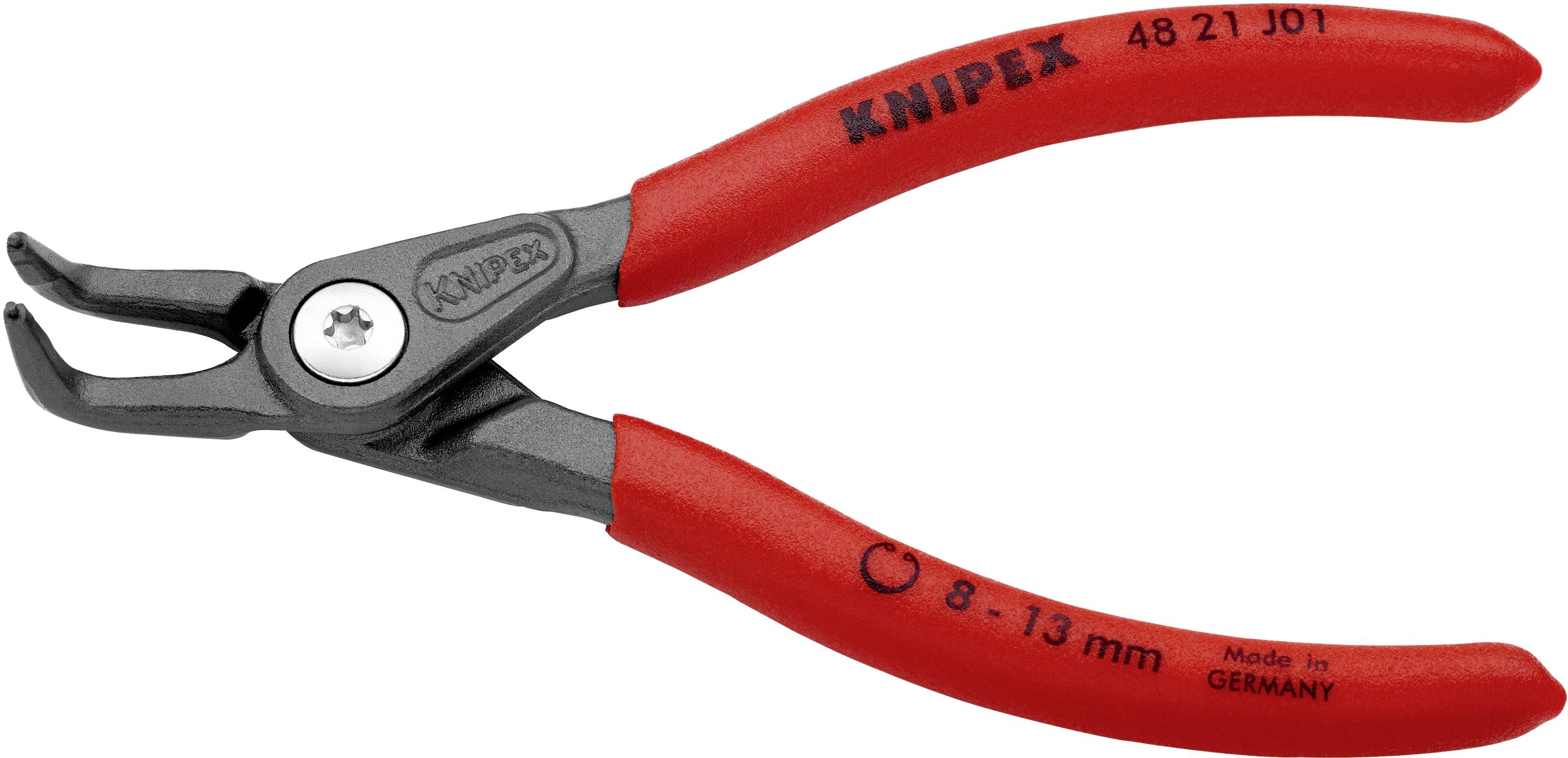 A red Knipex crimping pliers with grey handles, model 48 21 J01, suitable for 8-13 mm, manufactured in Germany.