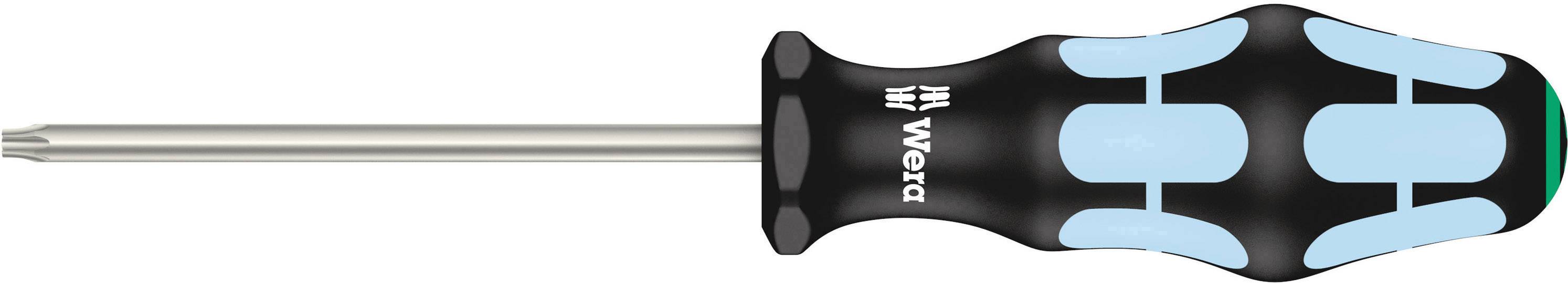 Screwdriver with a black handle and blue bits, shown from the side. Tool used for securing screws.
