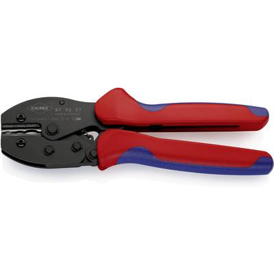 Hand crimping tool with red and blue handle, used for crimping cables.