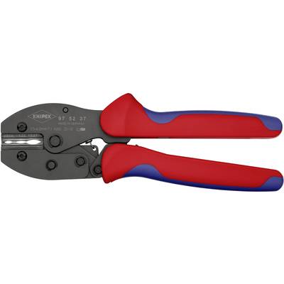 Pliers with red and blue handles, suitable for crimping cable connections. 'Knipex' inscription on the tool head.