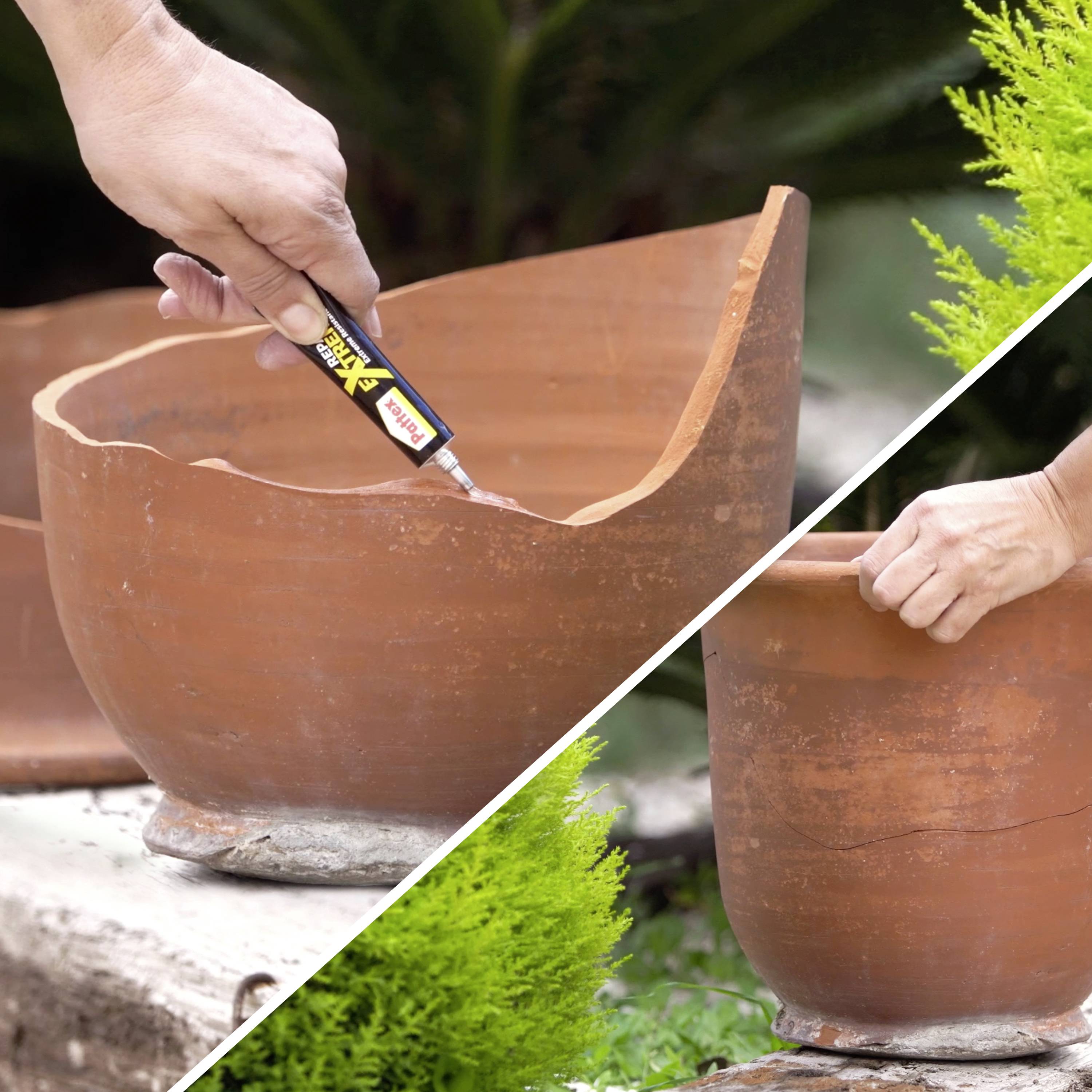 'A hand applies repair adhesive to a broken clay pot, illustrating pottery restoration.'