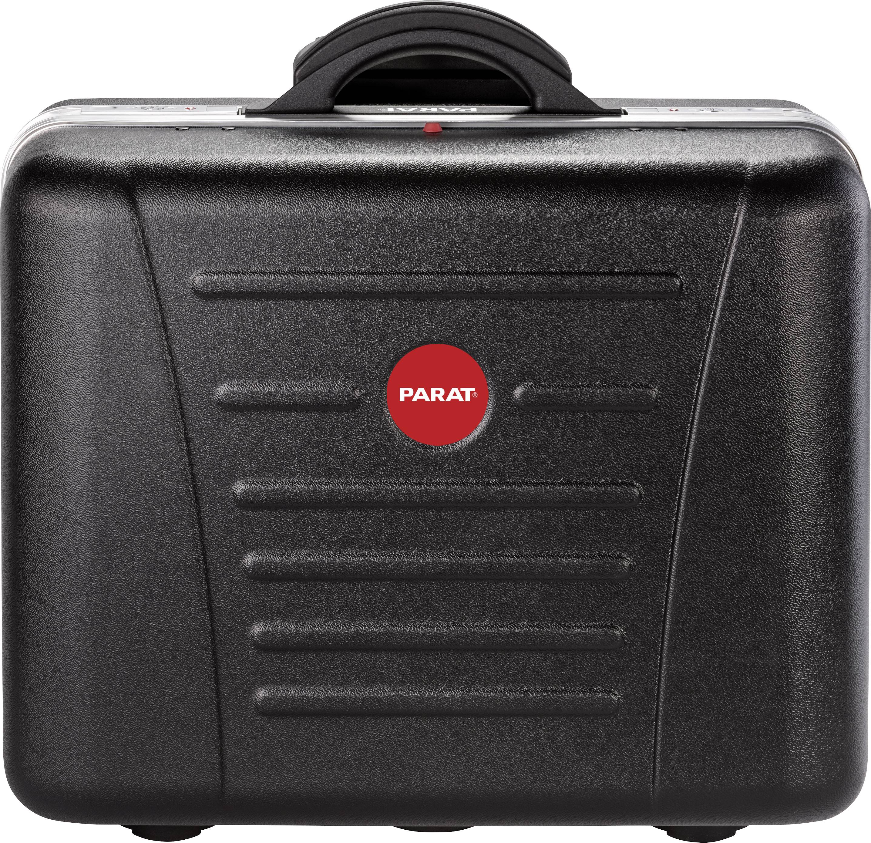 Black, robust tool case with red logo in the centre. Carry handle on top. Ideal for safely transporting tools.