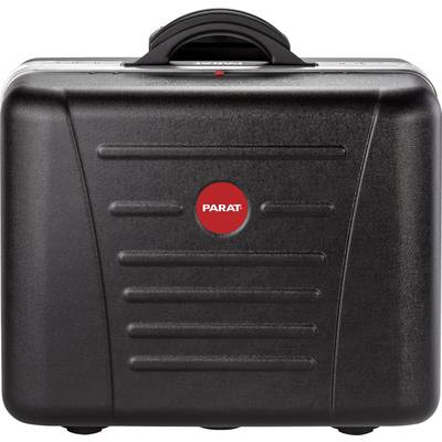 Black, robust tool case with red logo in the centre. Carry handle on top. Ideal for safely transporting tools.