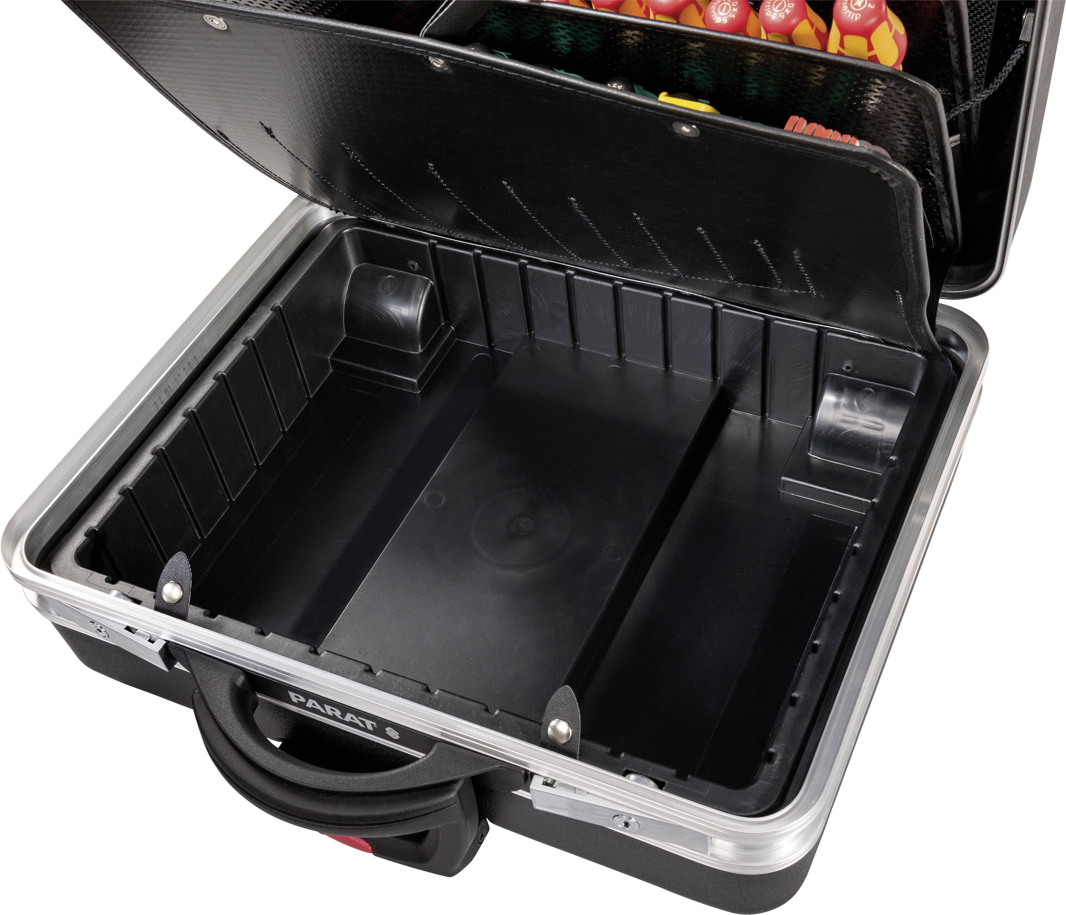Open toolbox with an empty compartment in the foreground and a full insert with screwdrivers in the background.