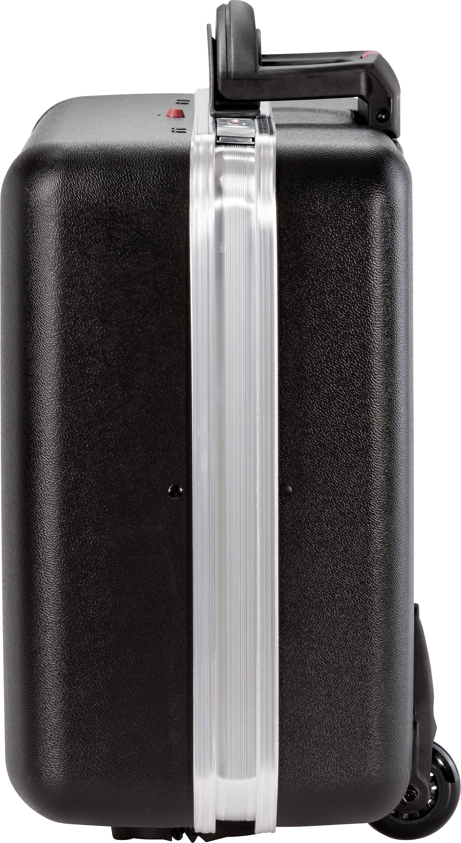 A black suitcase with a silver trim and handle, standing upright, side view. Perfect for travelling.