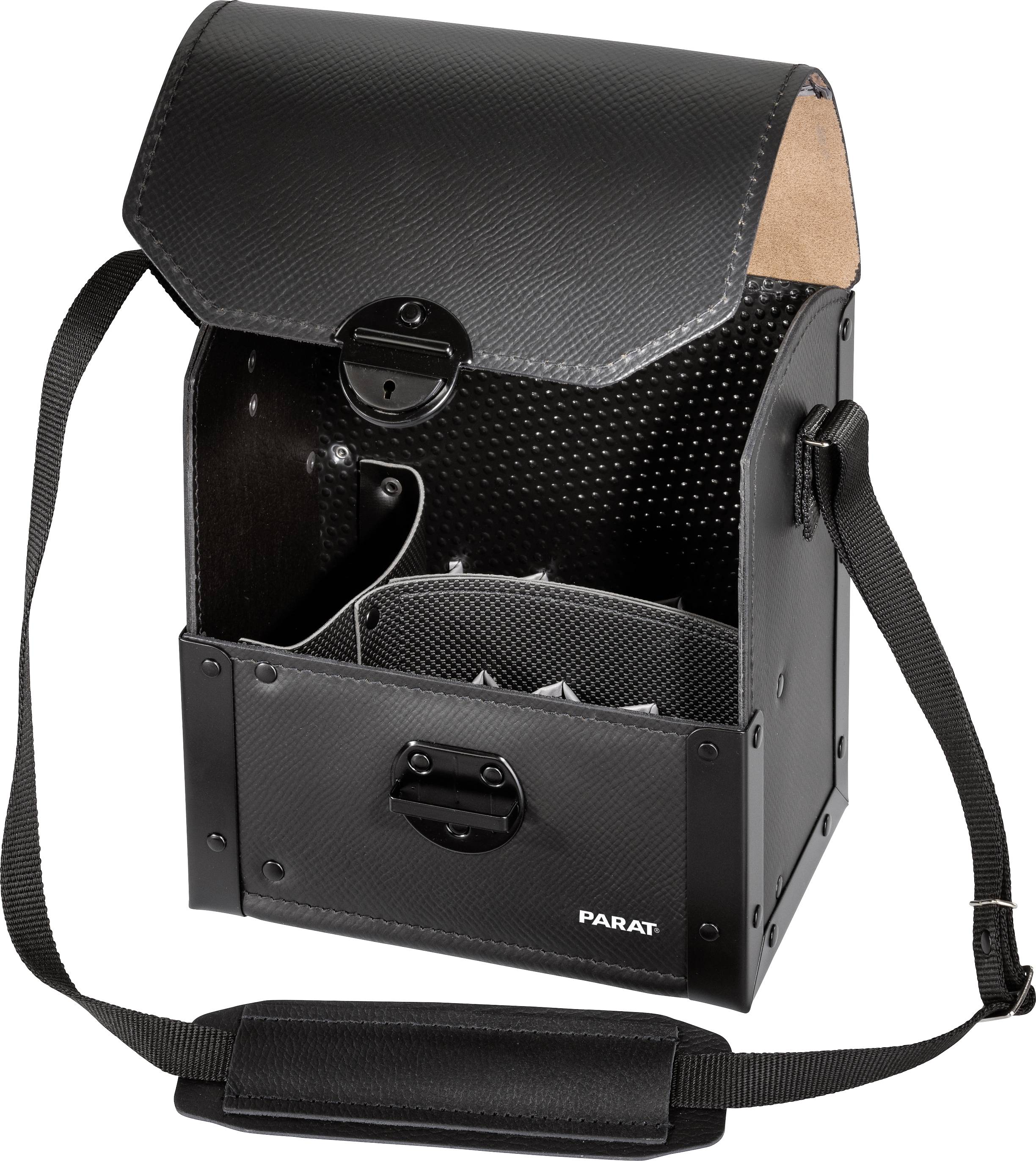 A robust, black tool bag made of hard-wearing material, featuring a shoulder strap and multiple compartments for storing tools.