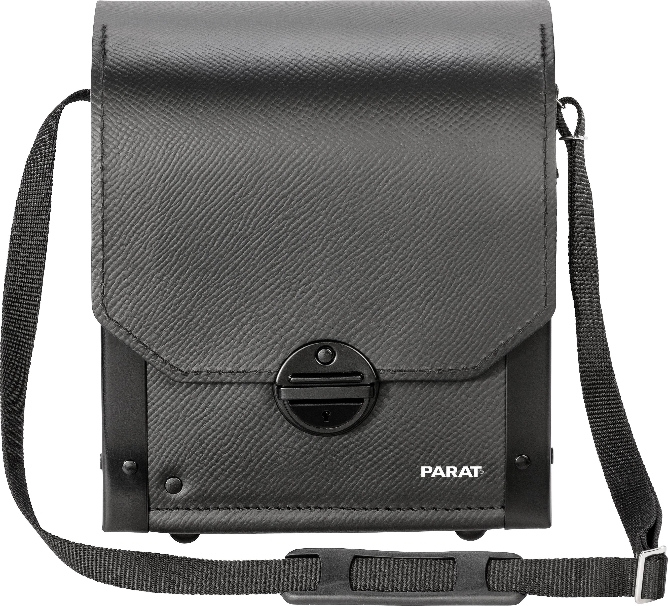 Black, vertical shoulder bag with a shoulder strap, 'PARAT' text in the bottom right, robust material, suitable for tools or accessories.