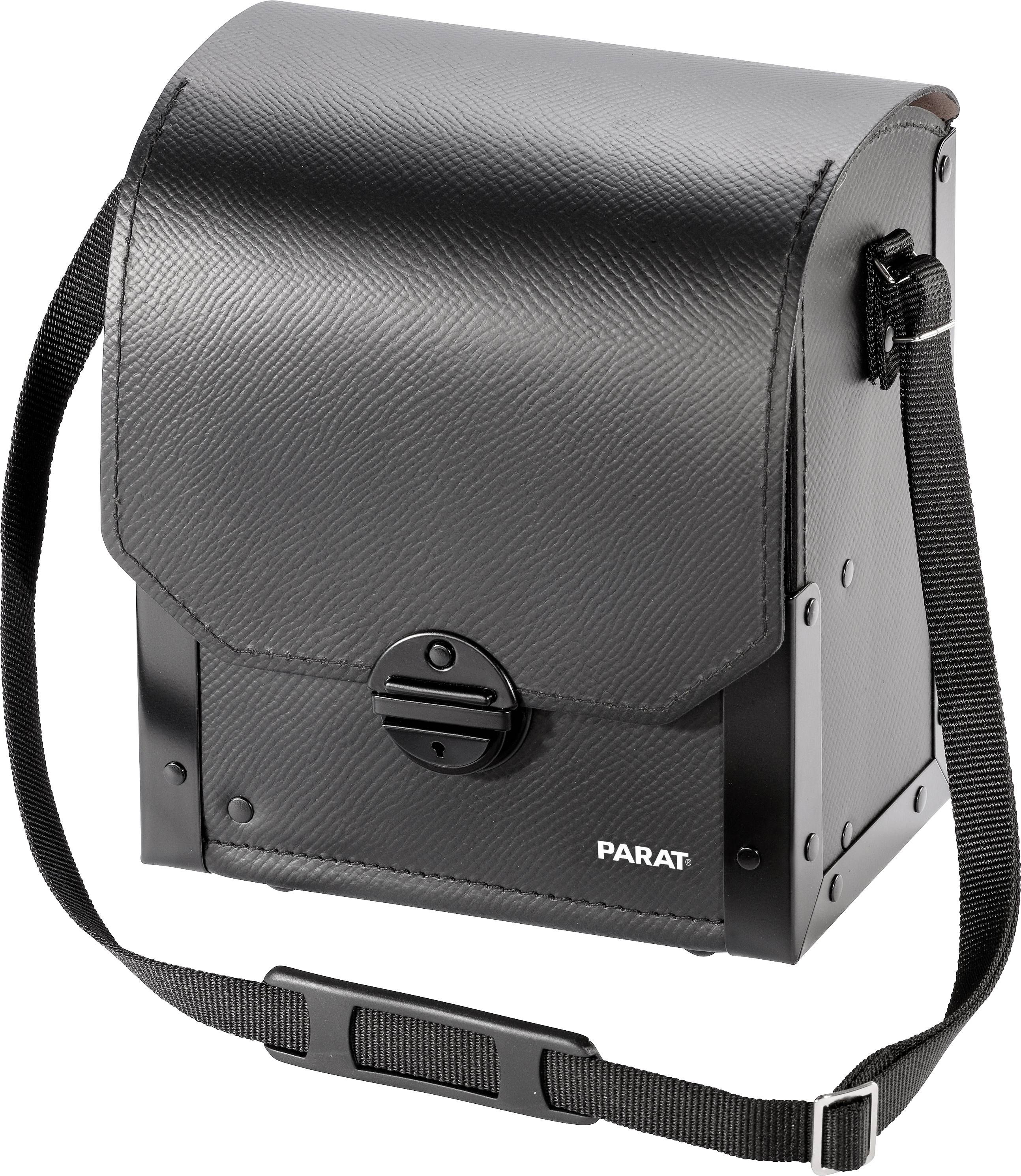 Black, robust plastic bag with sturdy shoulder strap, flap closure and the 'PARAT' lettering on the front.