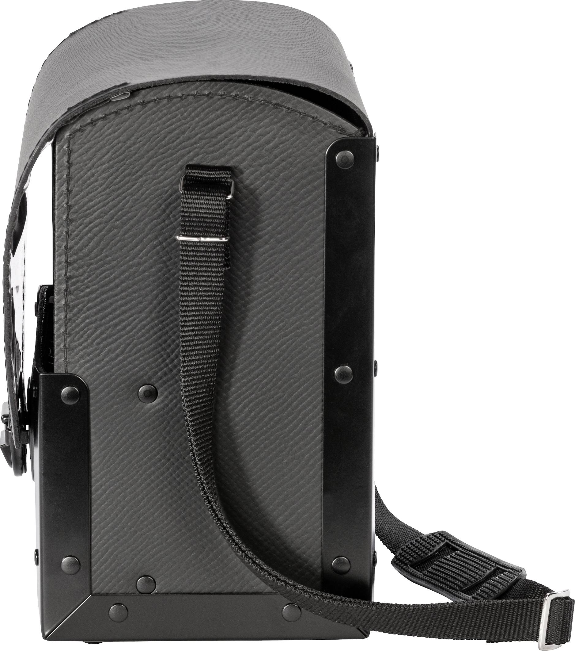 A black, rectangular leather bag with straps and a buckle, viewed from the side.