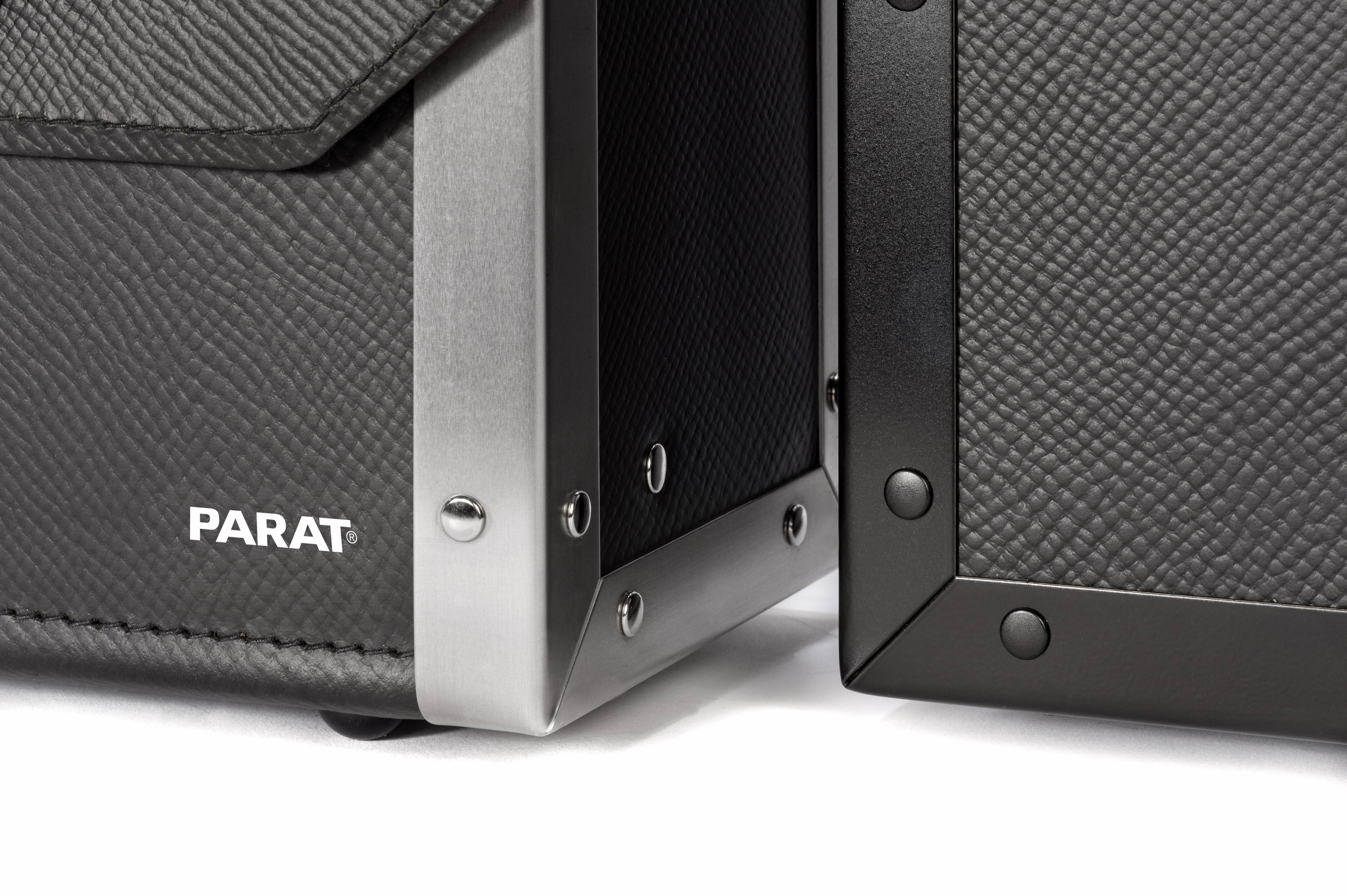 Two black, structured suitcases with metallic accents, symbolising stability and modern style.