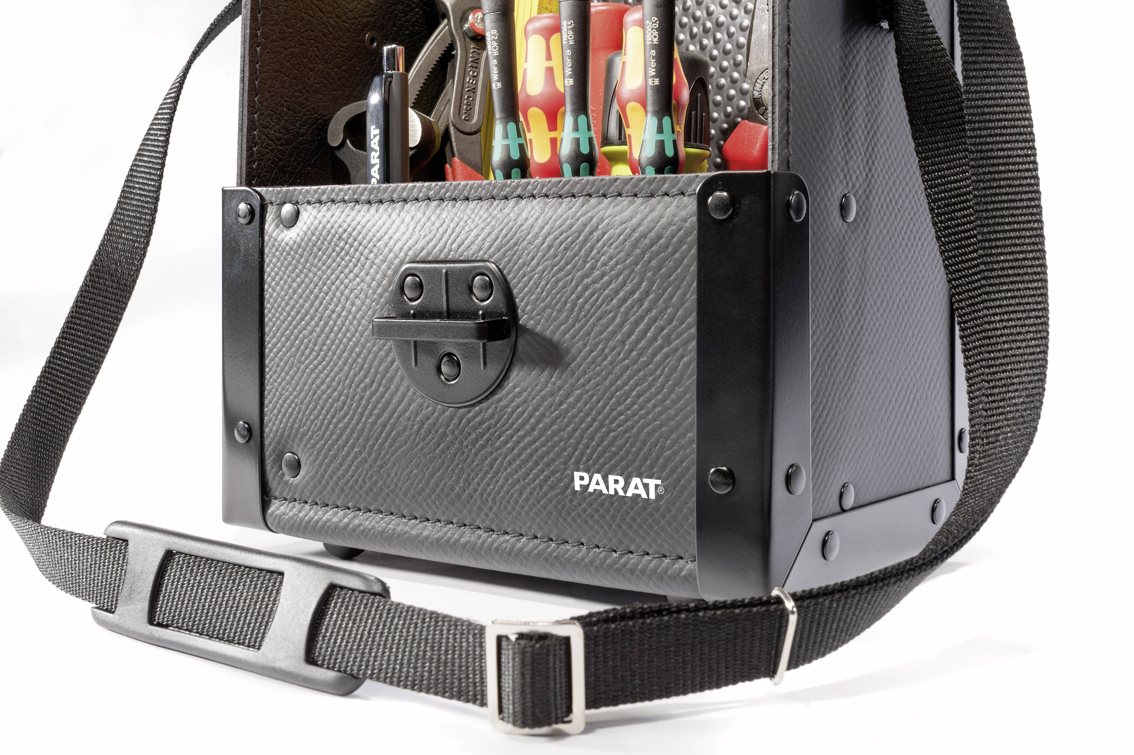 Tool case with straps, displaying colourful screwdrivers and tools. Embossed with 'PARAT'. Case stood upright, ready for use.
