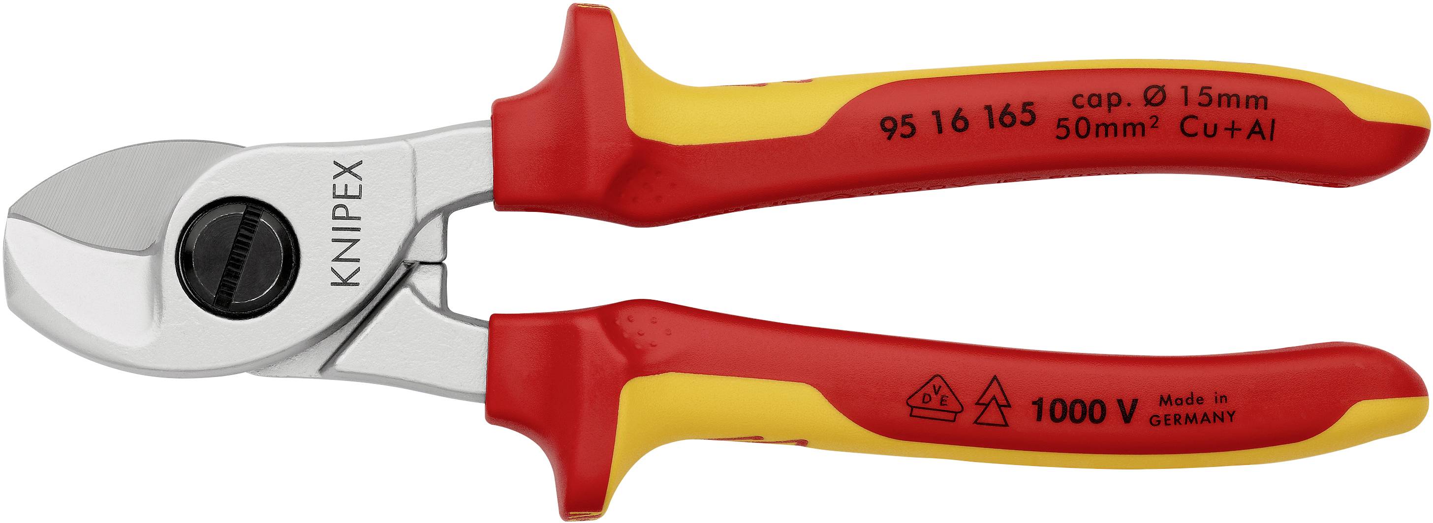 Cable cutters with insulated handles, suitable for work up to 1000 V. Markings: 'KNIPEX', capacity 15 mm, 50 mm², Cu+Al.