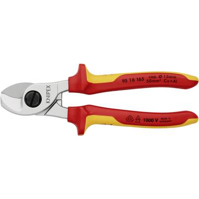 Cable cutters with insulated handles, suitable for work up to 1000 V. Markings: 'KNIPEX', capacity 15 mm, 50 mm², Cu+Al.