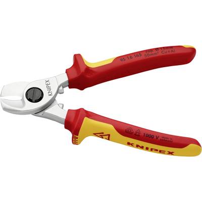 A red and yellow KNIPEX cable cutter with insulated handles, suitable for copper and aluminium cables up to 50 mm², with VDE seal.