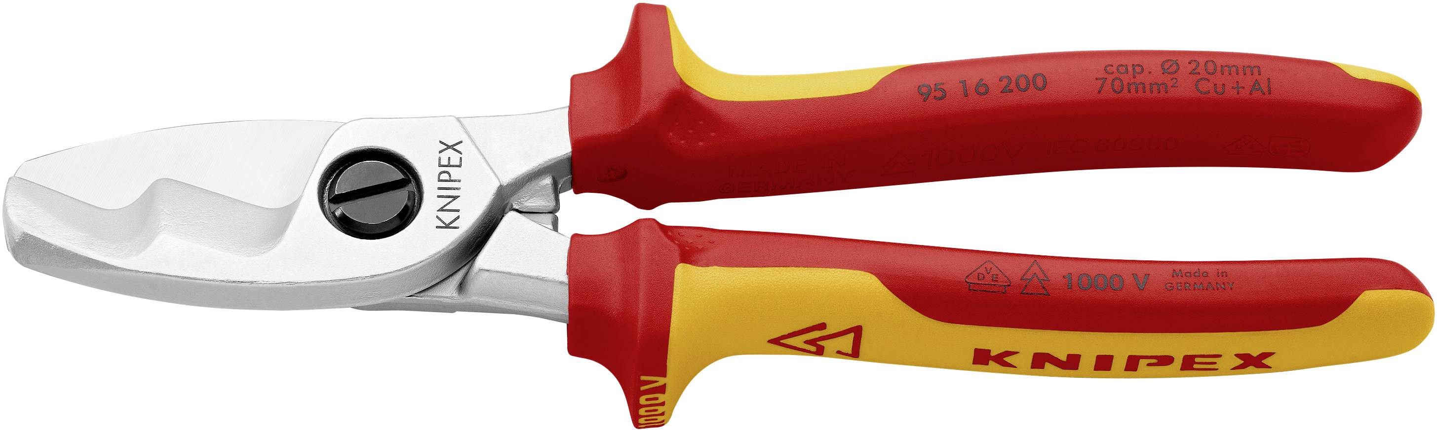 Red and yellow cable cutters with insulated handles and stainless steel blades, suitable for electrical work up to 1000V.