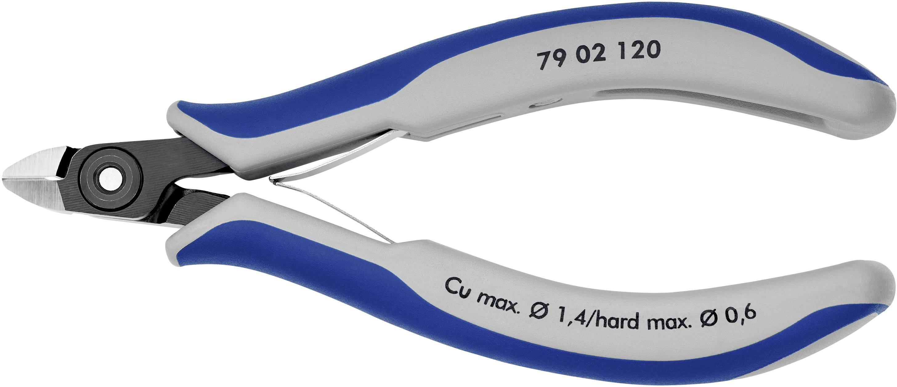 A blue-grey side cutters pliers with the inscription 'Cu max. Ø 1.4/hard max. Ø 0.6' and a product number.