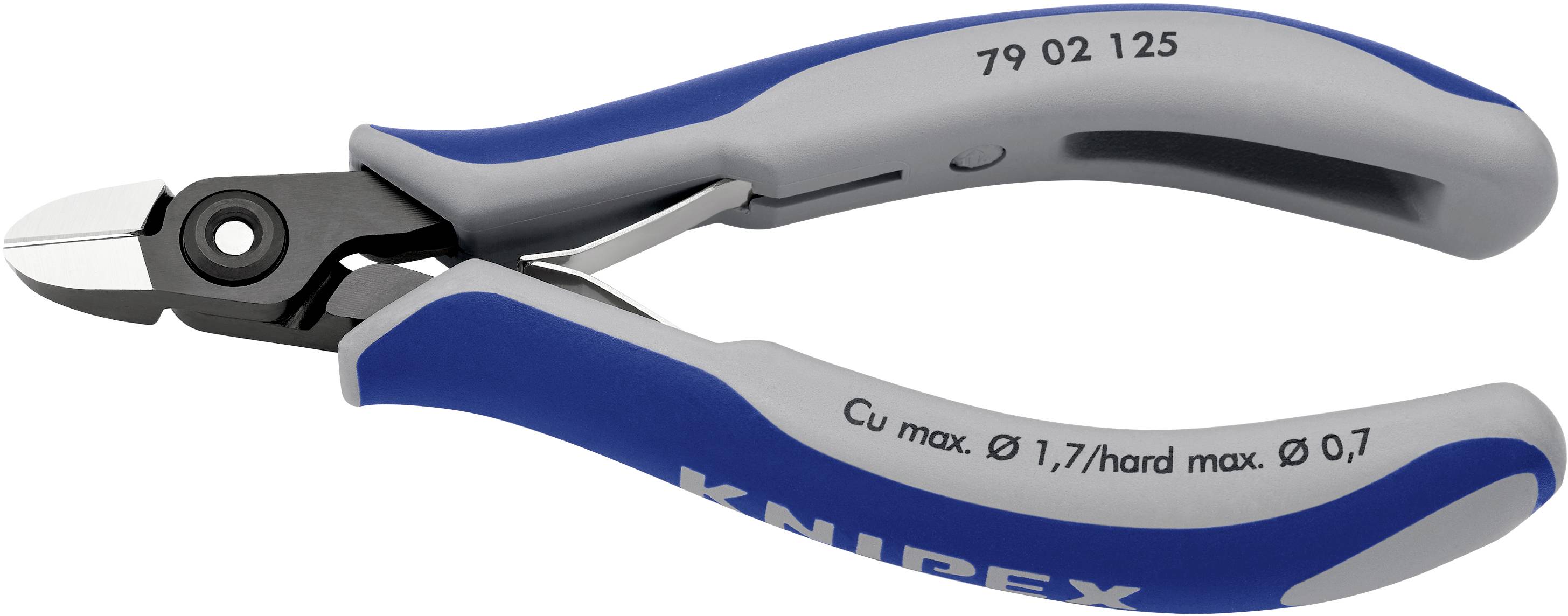 Side cutters with blue and grey handles, print shows 'Cu max. Ø 1.7/hard max. Ø 0.7', suitable for precise wire cutting.