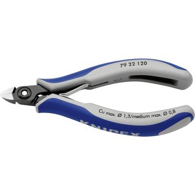 Side-cutting pliers with blue and grey handles, suitable for medium diameters of 0.8 mm, maximum copper wire thickness of 1.3 mm.