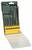 'Drill set with five metal drill bits in various sizes (5, 6, 8, 10, 12). Opened in a green box with yellow insert.'