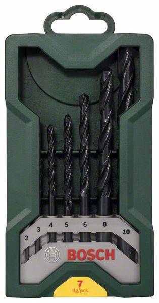 'Bosch drill set, 7-piece, comprising drill bits of various diameters from 2 to 10 mm. Packaged in a dark green case.'