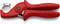 Red plastic pipe cutter with sharp blade. Suitable for pipes up to 25 mm in diameter. Inscription 'only Plastic'.