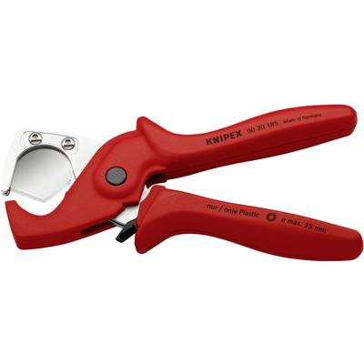 Red plastic pipe cutter with the inscription 'nur / only Plastic'. Suitable for pipes up to 25 mm in diameter. Manufactured in Germany.