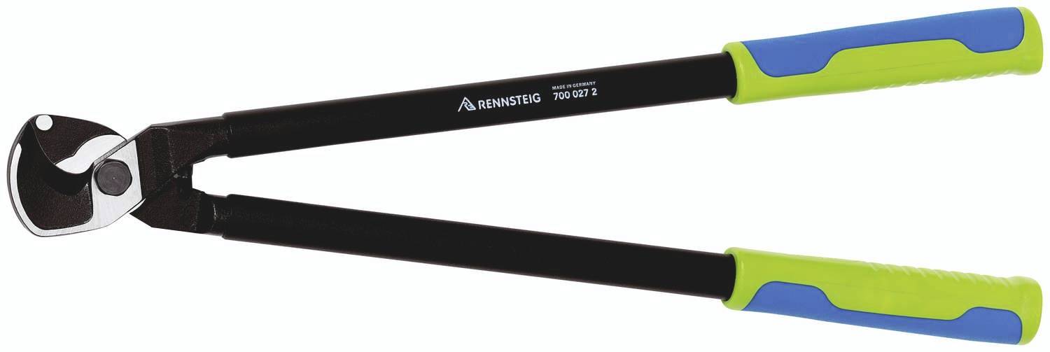 Bolt cutters with long, black handles and green and blue rubber grips, suitable for cutting heavy-duty wires or bolts.