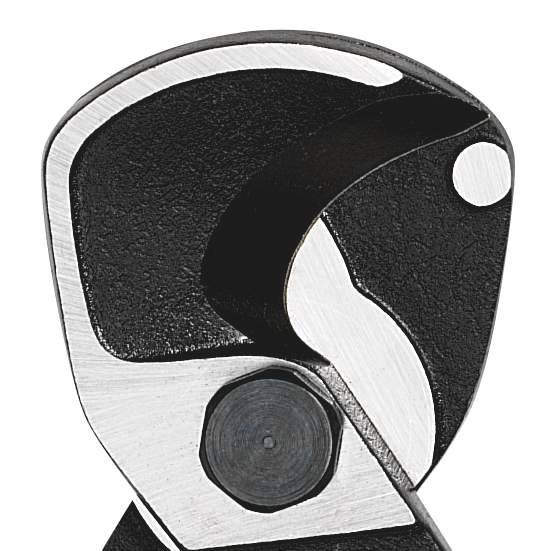 A black wire cutter with silver blades is shown in close-up. Suitable for cutting through ropes or wires.