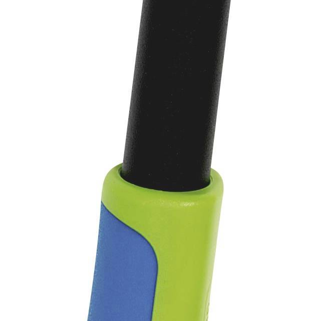 A part of a blue and green handle with a black stem.