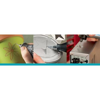 Three images show a milling cutter creating patterns on different materials: a flower on plastic, a star on metal, and text on a device.