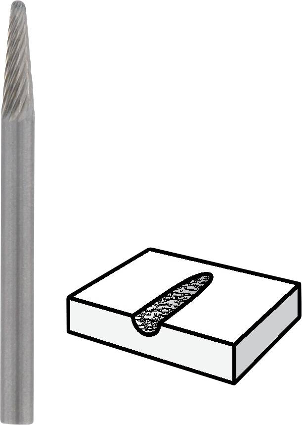 'Slender milling cutter with a conical tip beside a drawing showing the milling result in a rectangular workpiece.'