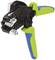 Hand crimping pliers with green and blue handles, used for crimping cable connector sleeves in electrical applications.
