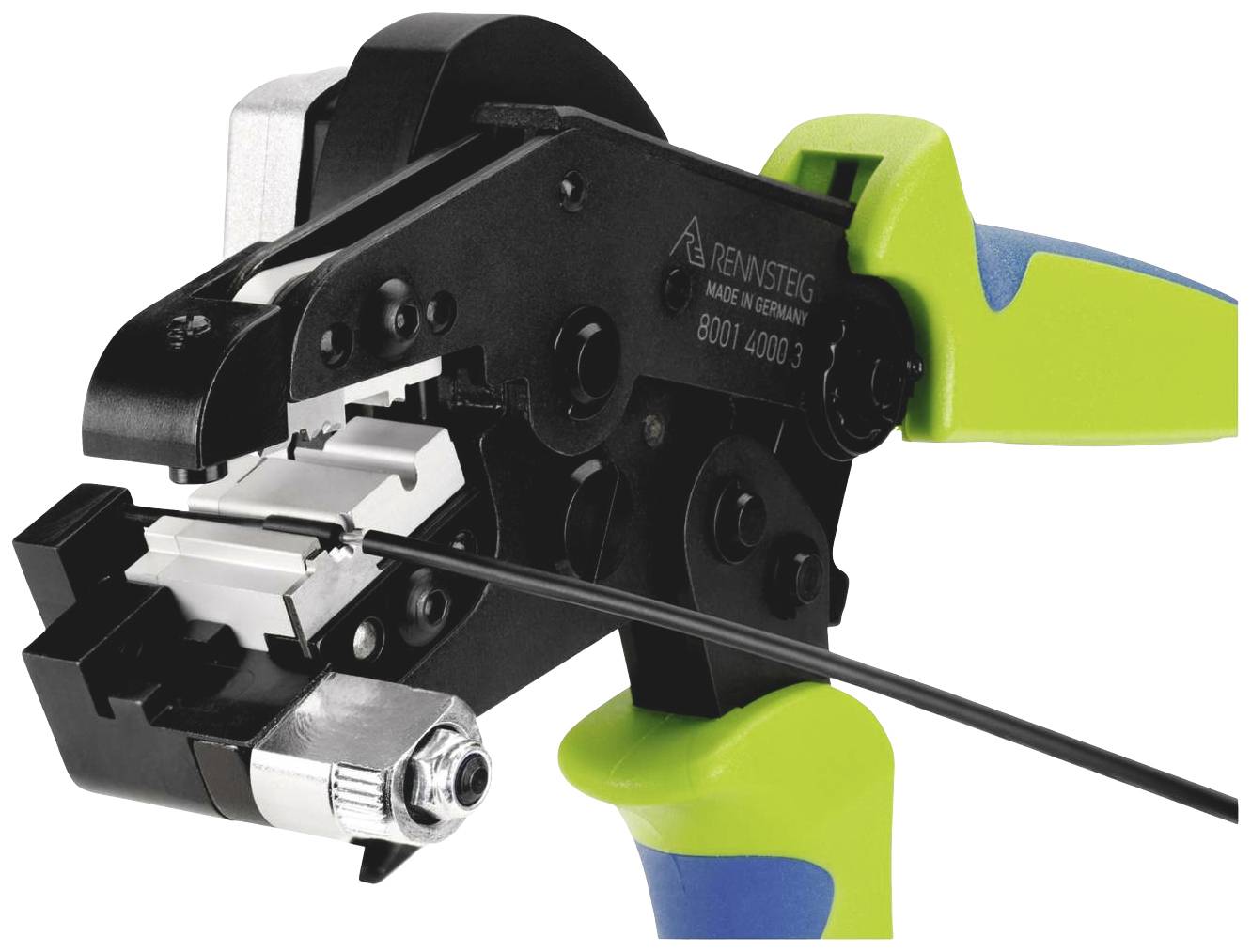 A crimping tool with green-blue handles and cable in the pliers, used for processing electrical components.