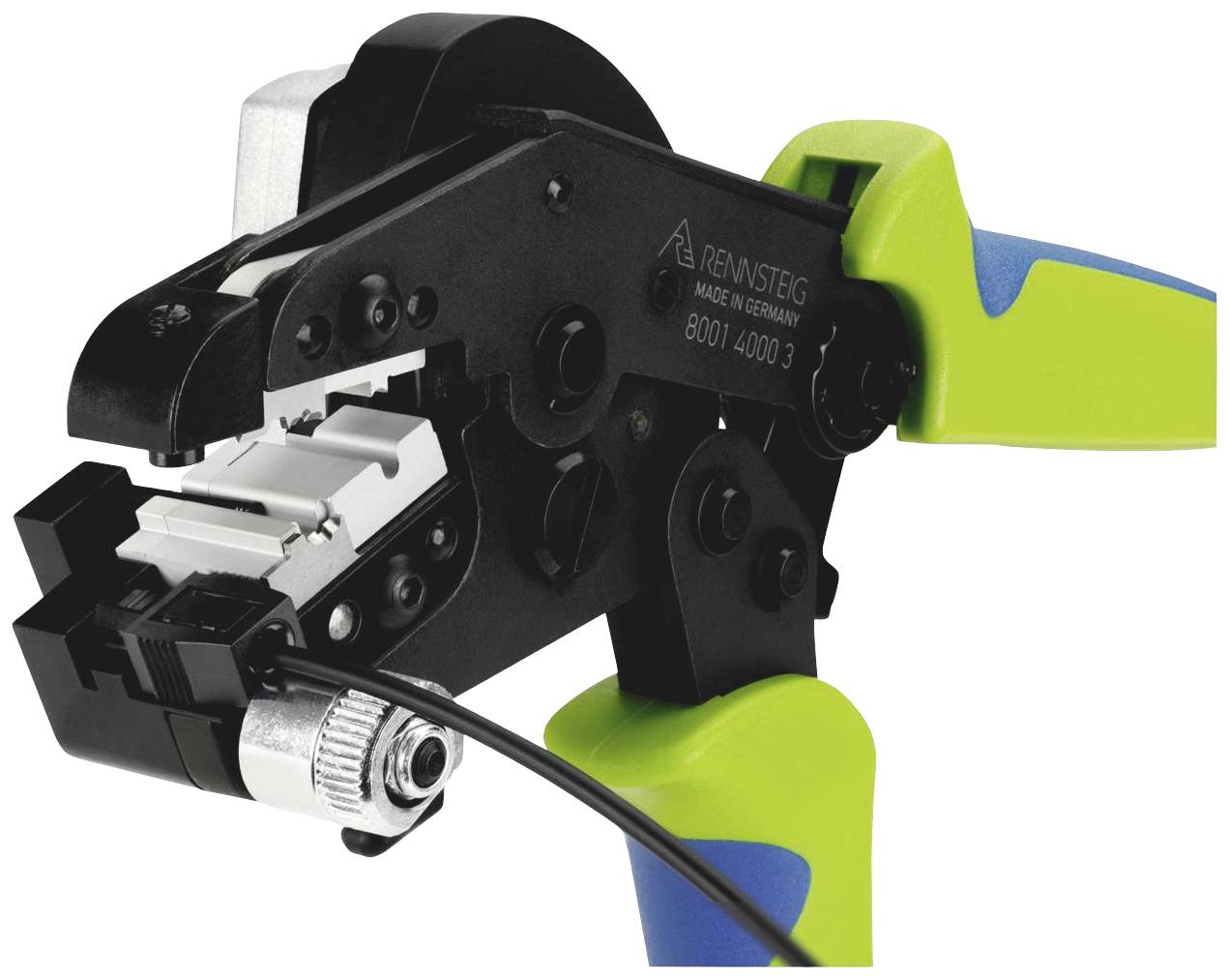 A crimping tool with blue and green handles is crimping a metal connector onto a black cable.