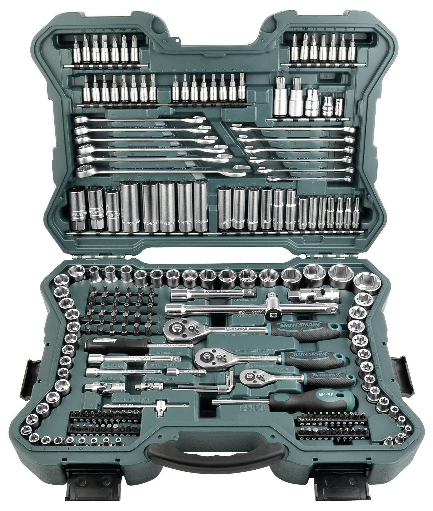 An open tool case with a variety of spanners, socket wrenches, and ratchets; organised in moulded compartments.