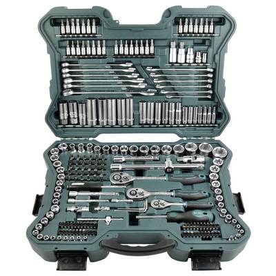 An open tool case with a variety of spanners, socket wrenches, and ratchets; organised in moulded compartments.